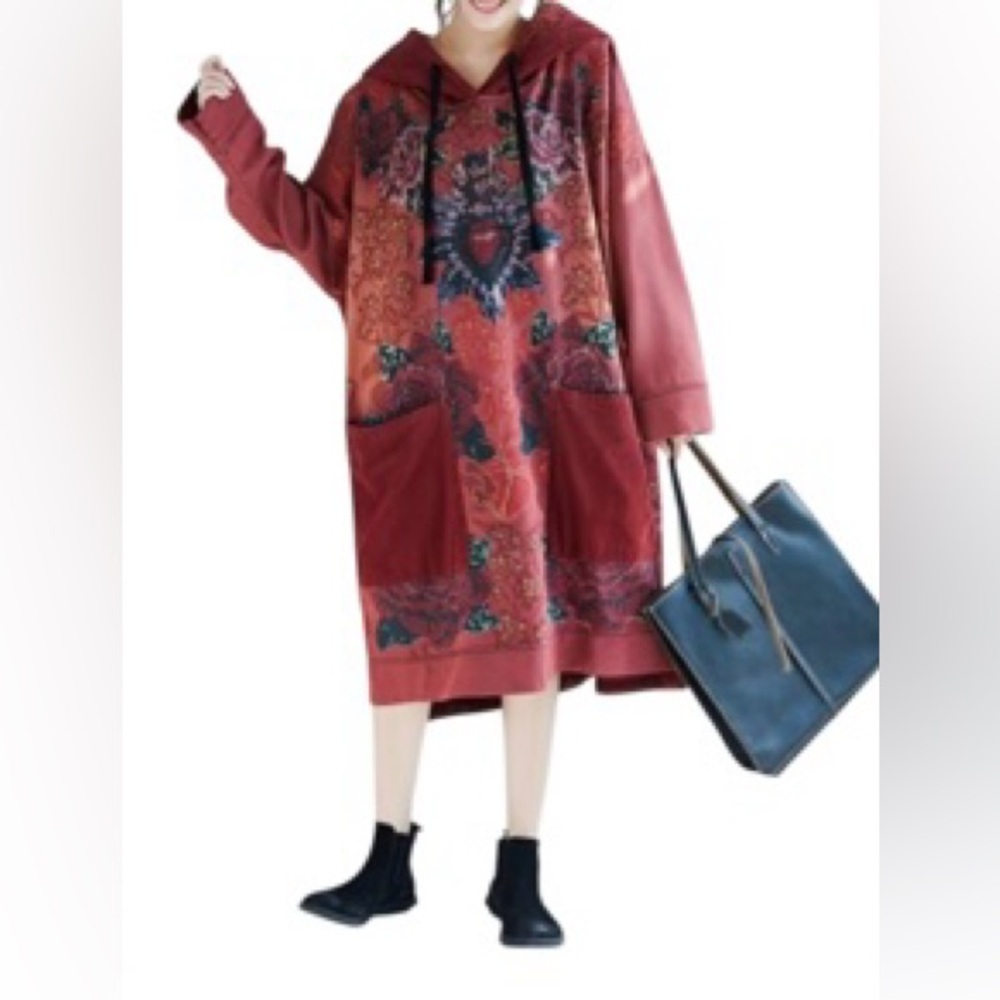 VESNO Dress Purposely Faded Rust Navy Cord Hood & Pockets Sz L Oversized